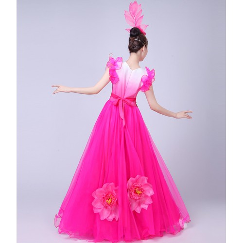 Flamenco dresses women's petals fuchsia red  modern dance singers chorus female stage performance ballroom opening dancing dresses